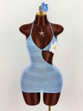 Women Flower Holidays V Neck Halter Neck Lace-Up Hollow Out Bodycon Dress