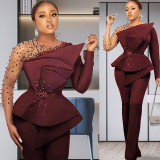 Plus Size Women African Beaded Mesh Top and Pant Two Pieces