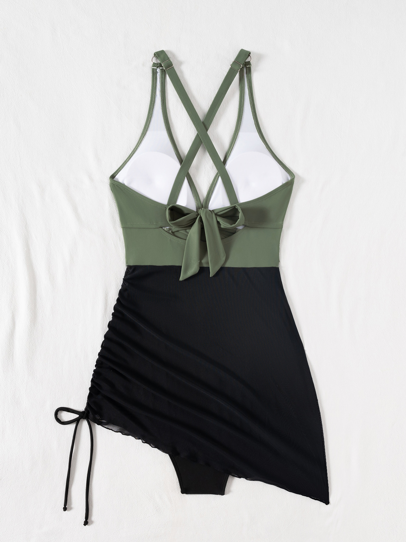 Mesh Hollow-Out Drawstring Lace-Up One-Piece Swimsuit for Beachwear