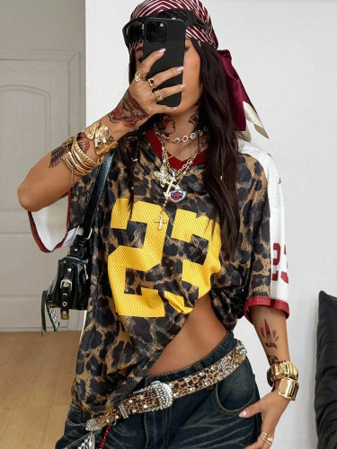 Women Casual Leopard Print V Neck Short Sleeve Top T-Shirt