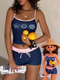 Women Yoga Printed Color Contrast Spaghetti Strap Vest Top Lace-Up Shorts Two Pieces