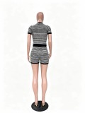 Women Casual Knitting Striped Top and Shorts Two Pieces