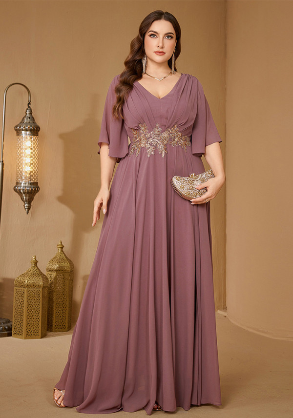 Plus Size Women Elegant V Neck Ruffle Sleeve Embroidery Dress