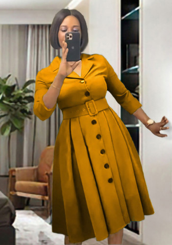 Plus Size Women V Neck Turndown Collar With Belt African Dress