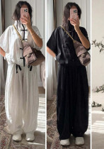 Women Stand Collar Short Sleeve Top and Wide Leg Pants Two Pieces Women Stand Collar Short Sleeve Top and Wide Leg Pants Two Pieces