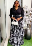 Plus Size Women African V Neck Top and Pleated Skirt Two Pieces