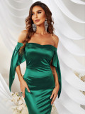 Women Green Off Shoulder Fishtail Train Formal Party Evening Dress