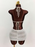 Women Flower Holidays V Neck Halter Neck Lace-Up Hollow Out Bodycon Dress