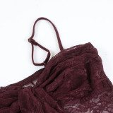 Women Spaghetti Strap Patchwork Lace Sexy Lace-Up Mini Dress