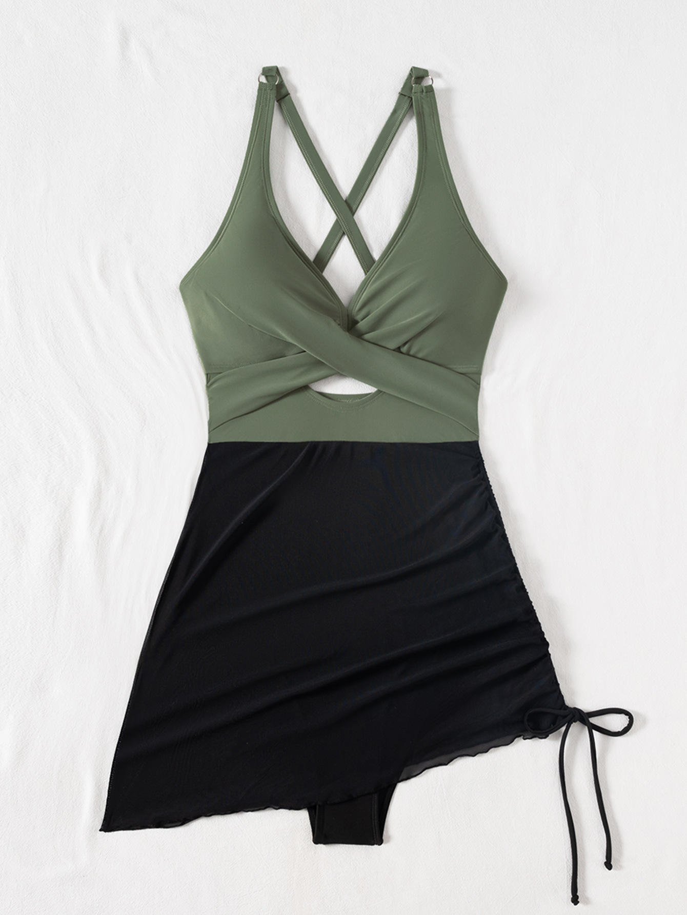 Mesh Hollow-Out Drawstring Lace-Up One-Piece Swimsuit for Beachwear