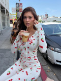 Women Cherry Sexy Long Sleeve Top and Pant Two Pieces