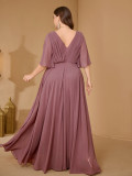 Plus Size Women Elegant V Neck Ruffle Sleeve Embroidery Dress