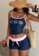 Women Yoga Printed Color Contrast Spaghetti Strap Vest Top Lace-Up Shorts Two Pieces