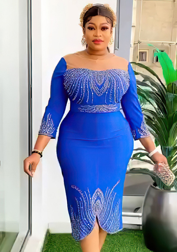 African Women Half-Sleeve Beaded Dress