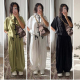 Women Stand Collar Short Sleeve Top and Wide Leg Pants Two Pieces