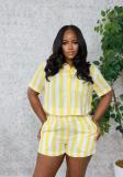 Women Summer Casual Striped Short Sleeve Shirt and Shorts Two Pieces