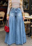 Women Casual Washed Wrinkle Denim Bell Bottom Wide Leg Pants