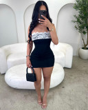 Women Color Contrast Lace Patchwork Sexy Strapless Dress