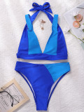 Women Color Block Halter Neck Lace-Up Straps Sexy Two Pieces Swimwear