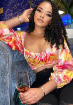 Spring Women's Fashion Printed U-Neck Lantern Sleeve Crop Top