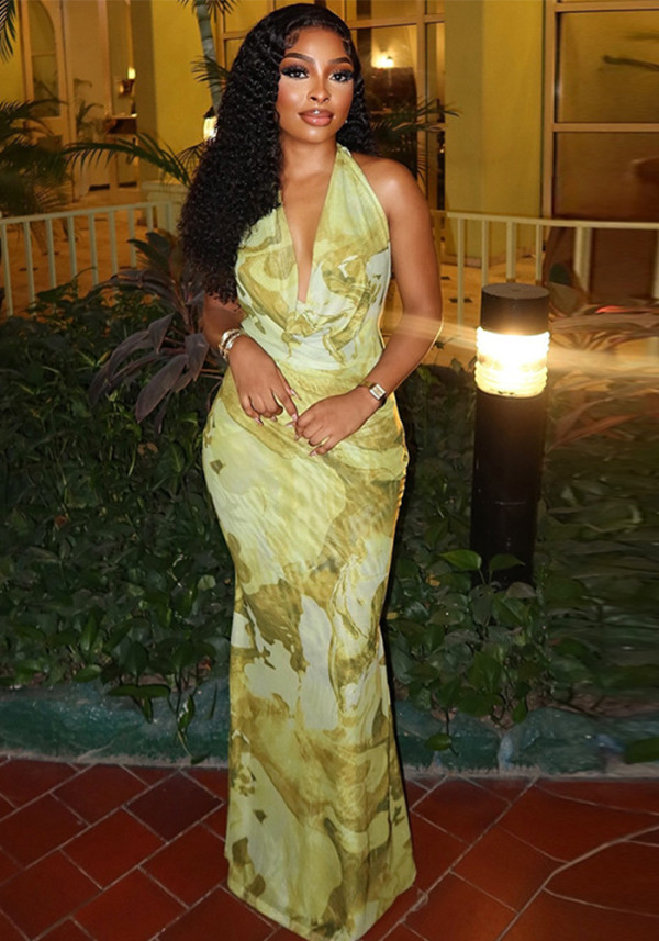 Women's Elegant Print Halter Neck Deep V Neck Long Dress