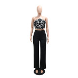Women's Floral Strapless Crop Top & Solid Wide-Leg Pants Two-Piece Set