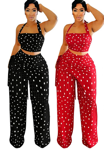 Women's Casual Fringe Polka Dot Wide-Leg Pants Set