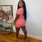 Women's Fashion Turndown Collar Button Short Sleeve Printed V-Neck Bodycon Mini Dress