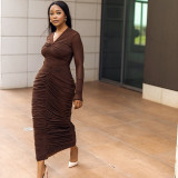 Women's Chic Solid V-Neck Long Sleeve Bodycon Dress