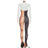 Women's Deer Print Halter Neck Cutout Low Back Jumpsuit