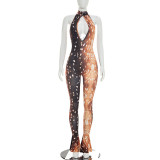 Women's Deer Print Halter Neck Cutout Low Back Jumpsuit