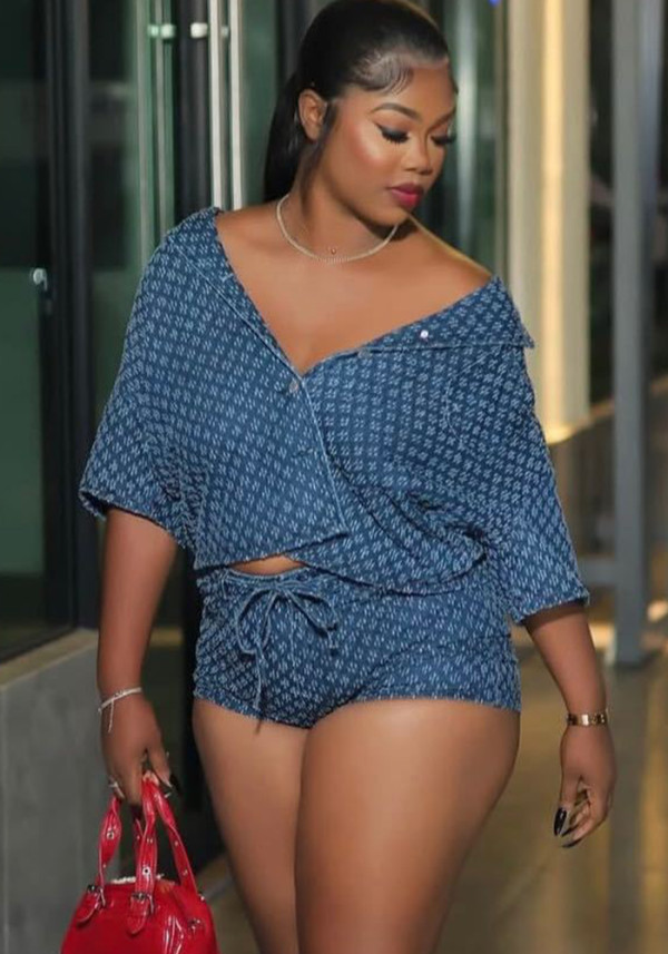 Fashion Denim Loose Shirt and Shorts Two-Piece Set