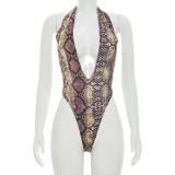 Summer Women's Sexy Deep V-Neck Printed Halter Neck Low Back Jumpsuit