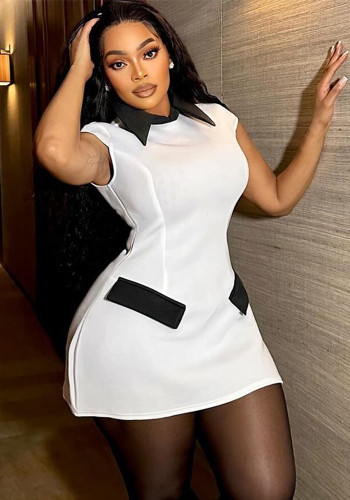 Women's Chic Black & White Colorblock Short Sleeve Turndown Collar Pocket Bodycon Dress