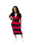 Summer Women's Polo Collar Patchwork Colorblock Slim Fit Midi Dress