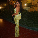 Women's Elegant Print Halter Neck Deep V Neck Long Dress