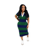 Summer Women's Polo Collar Patchwork Colorblock Slim Fit Midi Dress