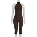 Women Sexy High Neck Backless Capri Jumpsuit