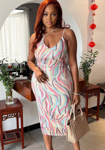 Women's Striped Print Strap Sleeveless High-Waist Bodycon Mini Dress