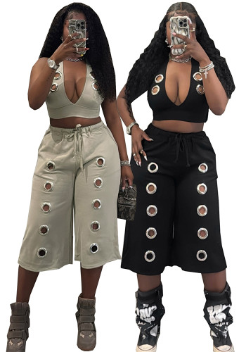 Trendy Women's Sexy Tank Top & Wide-Leg Pants Metal Buckle Two-Piece Set