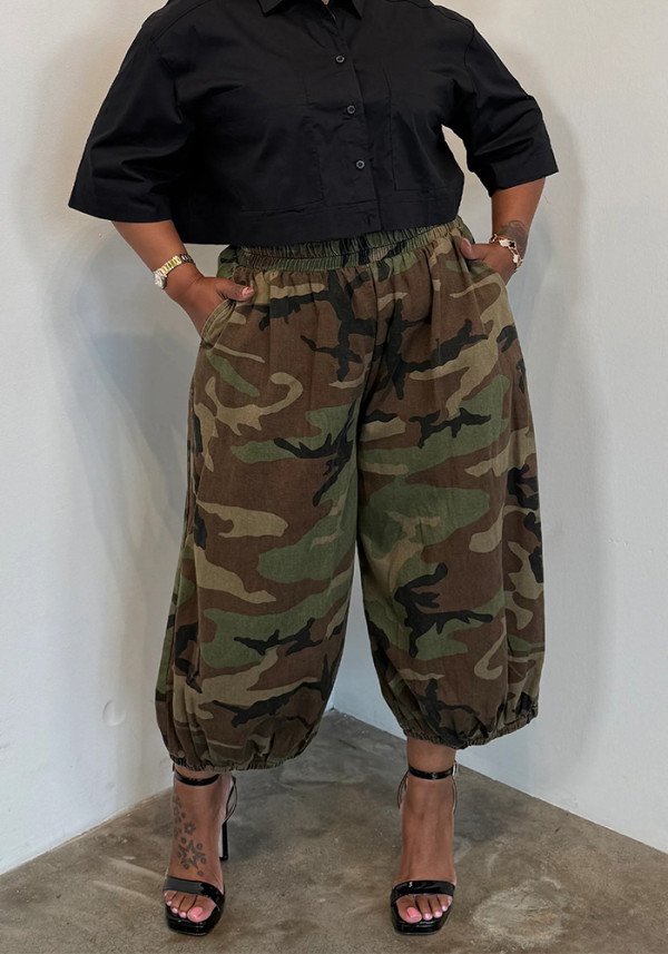 Plus Size Women's Fashion Camouflage Elastic Waist Pocket Lantern Harem Pants