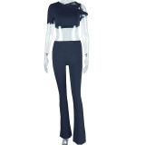 Women's Fashion Slash Shoulder Crop Top & High-Waist Pants Two-Piece Set