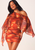 Women's Fashion Printed Asymmetrical One-Shoulder Pleated Bodycon Dress