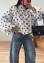 Women's Loose Mock Neck Back Split Tie Polka Dot Shirt