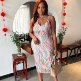 Women's Striped Print Strap Sleeveless High-Waist Bodycon Mini Dress