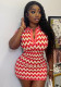 Women's Fashion Turndown Collar Button Short Sleeve Printed V-Neck Bodycon Mini Dress