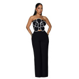 Women's Floral Strapless Crop Top & Solid Wide-Leg Pants Two-Piece Set