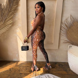 Women's Deer Print Halter Neck Cutout Low Back Jumpsuit