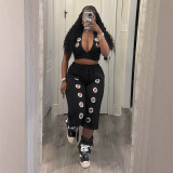 Trendy Women's Sexy Tank Top & Wide-Leg Pants Metal Buckle Two-Piece Set