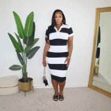 Summer Women's Polo Collar Patchwork Colorblock Slim Fit Midi Dress